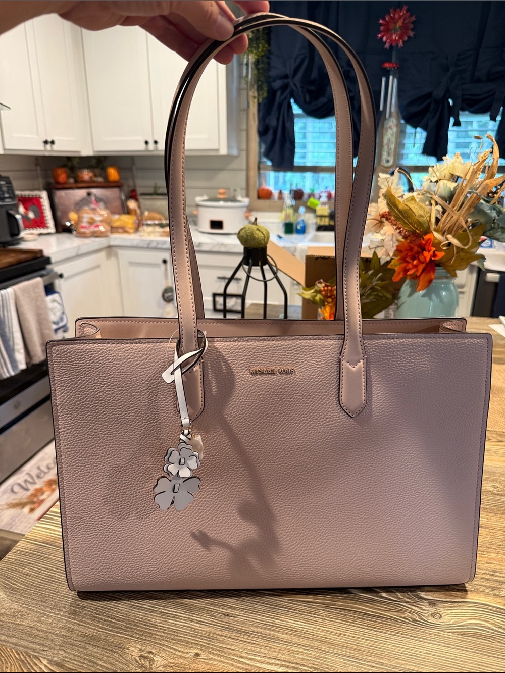 Michael Kors Dusty Pink Scarlett Leather Tote with Floral Charm